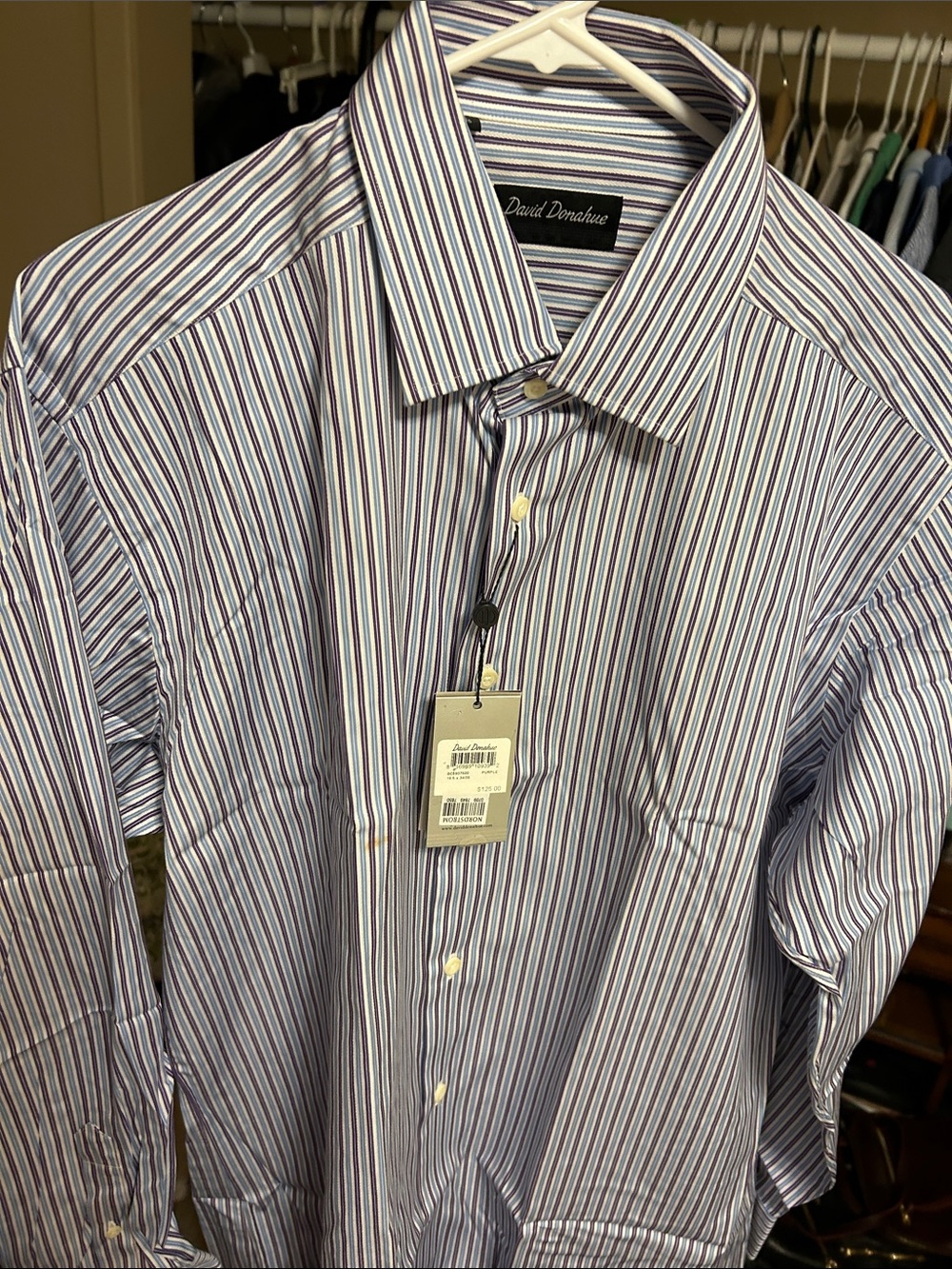 David Donahue Striped Dress Shirt in Blue, White and Red